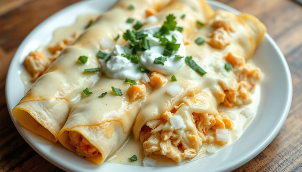 A beautifully presented plate of authentic Mexican white enchiladas, made with tender shredded chicken, melted Oaxaca cheese, and a rich, creamy white sauce. The enchiladas are neatly arranged, their soft corn tortillas gently embracing the filling. A sprinkle of finely chopped cilantro adds a fresh, vibrant touch, while a drizzle of sour cream and a scattering of diced white onion provide complementary flavors. The image is captured in soft, natural lighting, creating a warm, inviting atmosphere that evokes the comforting, homemade essence of traditional Mexican cuisine.
