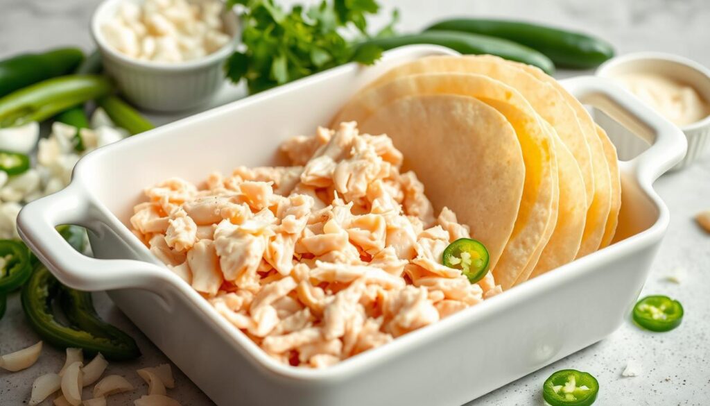 A crisp white ceramic dish filled with a medley of essential ingredients for crafting delectable white chicken enchiladas. In the foreground, plump chicken breasts, shredded and ready to be seasoned. Nestled alongside, soft corn tortillas, their edges gently curling, awaiting to be enveloped in a creamy white sauce. Sprinkling the scene, diced onions, fragrant garlic cloves, and vibrant jalapeño slices, promising a harmonious balance of flavors. In the background, a soft, diffused light illuminates the scene, casting a warm, inviting glow. The composition is carefully arranged, with each element purposefully placed to capture the essence of the dish. This image sets the stage for the creation of a delicious and authentic white chicken enchilada recipe.